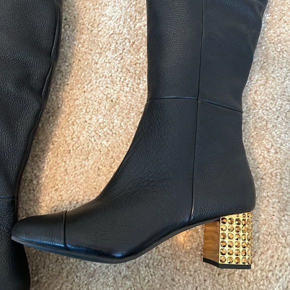 Kurt Geiger Mayfair black leather over the knee heel boots rhinestone gold shoe - Picture 9 of 12